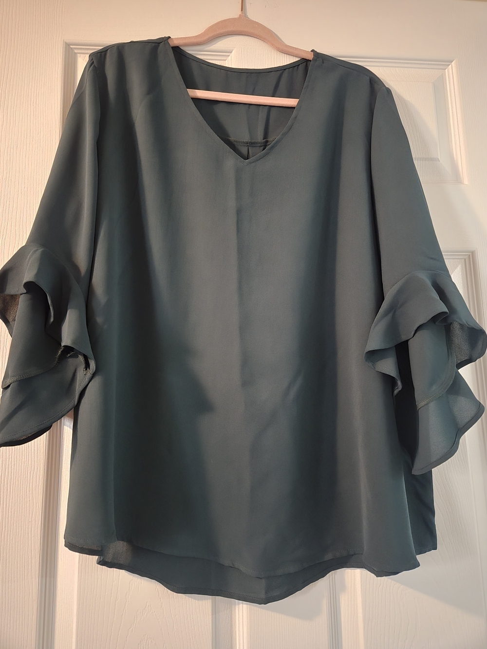 Amazon Teal V-Neck Blouse with Layered Ruffle Sleeves